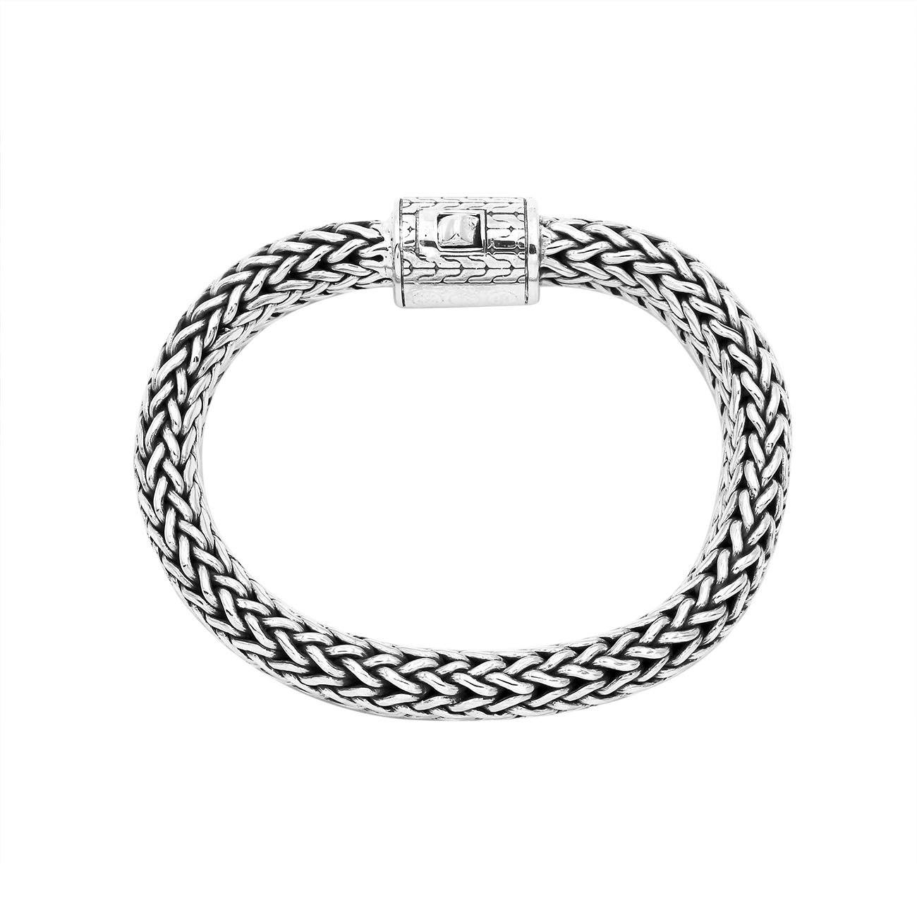 925 Sterling Silver woven bracelet with designer engraved push lock clasp handcrafted in Bali