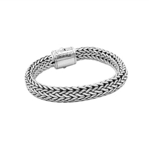 925 Sterling Silver woven bracelet with designer engraved push lock clasp handcrafted in Bali