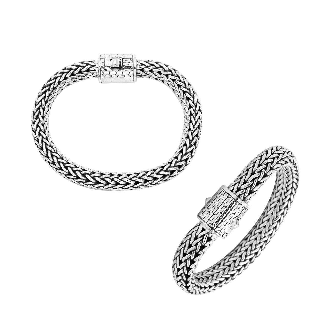 925 Sterling Silver woven bracelet with designer engraved push lock clasp handcrafted in Bali
