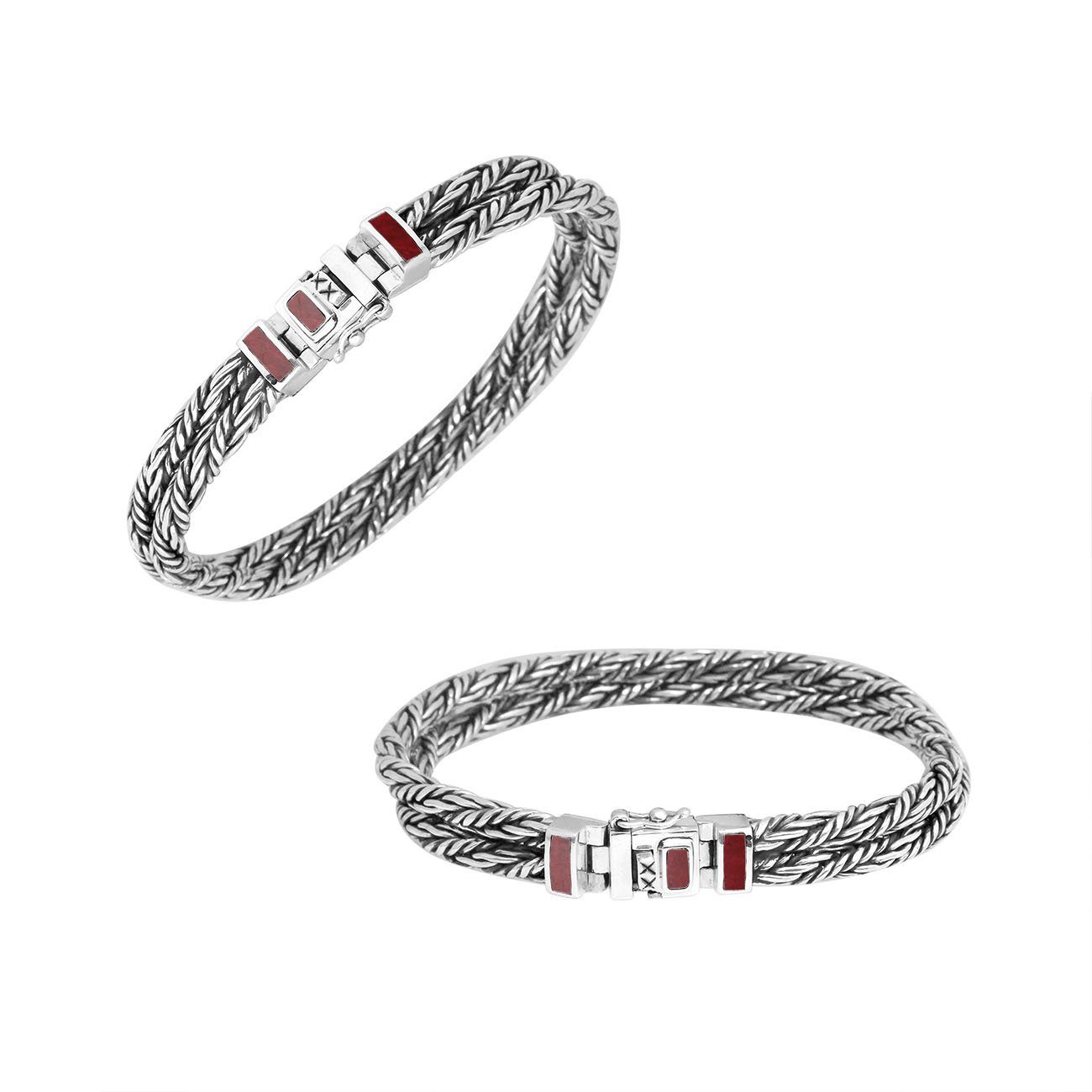Sterling Silver 5MM Bali Woven Bracelet with Red Coral and Box Clasp wholesale jewelry