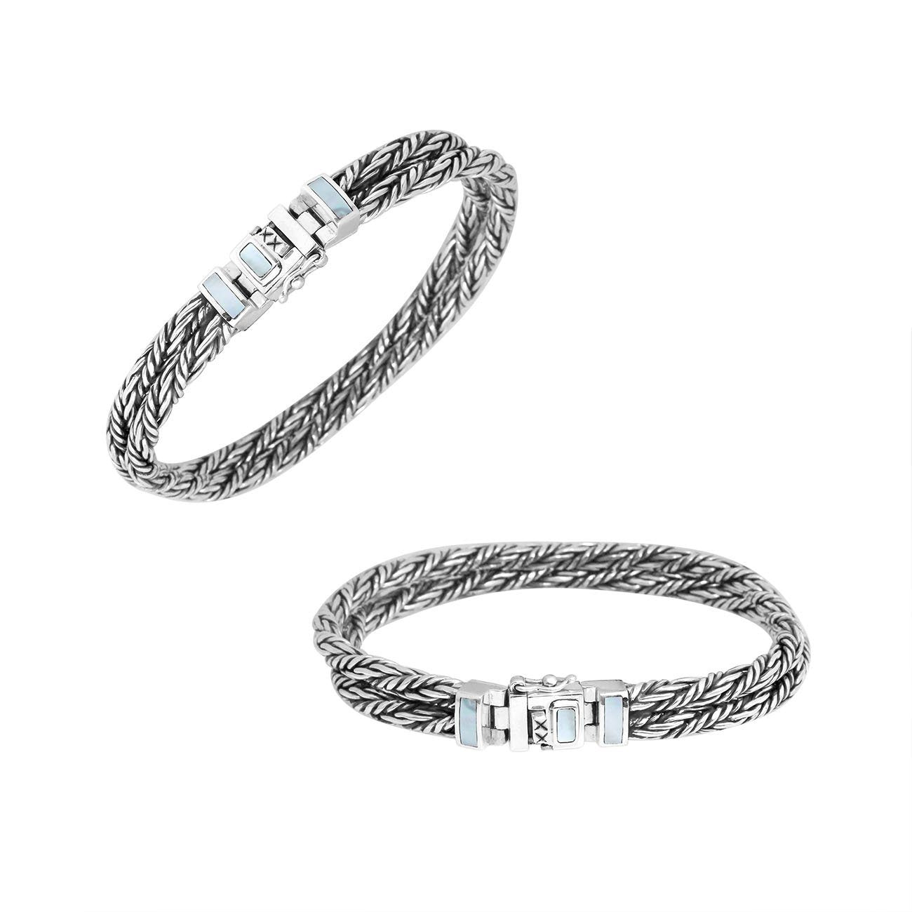 Two-view product image of a sterling silver double-braided bracelet with a rectangular Mother of Pearl inlay clasp, shown on a white background.