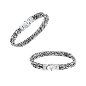 Two-view product image of a sterling silver double-braided bracelet with a rectangular Mother of Pearl inlay clasp, shown on a white background.