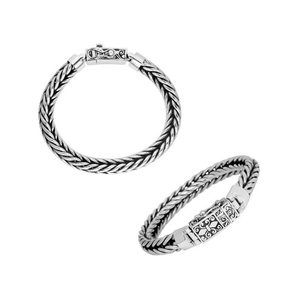 Two-view product image of a double-braided sterling silver bracelet with an engraved decorative clasp on a white background.