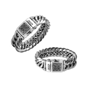 Two-view image of a 21MM wide sterling silver curb bracelet with an engraved decorative box clasp, shown on a white background.