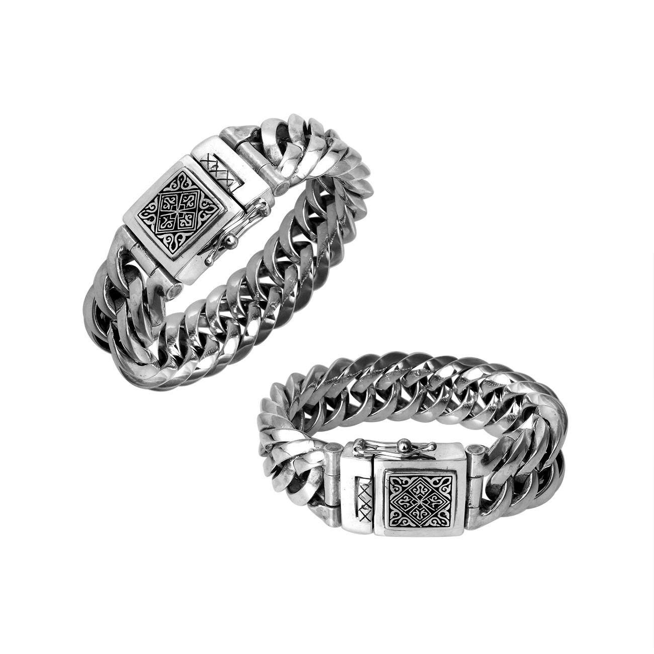 Two-view image of a 21MM wide sterling silver curb bracelet with an engraved decorative box clasp, shown on a white background.