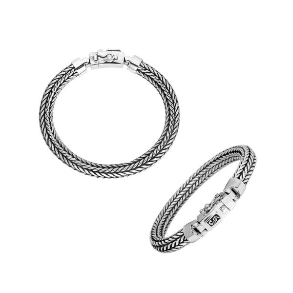 Two-angle product image of a 7MM 925 sterling silver woven rope bracelet with a secure latch clasp, shown on white background.