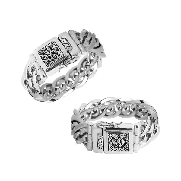 925 sterling silver 23 mm heavy curb link Bali bracelet with high polish and engraved clasp.