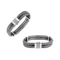 925 sterling silver 4x6 mm woven mesh Bali bracelet with oxidized finish and engraved clasp.