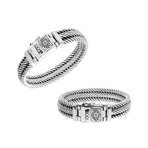 925 sterling silver 4x13 mm twisted Bali bracelet with oxidized rope design and engraved clasp.