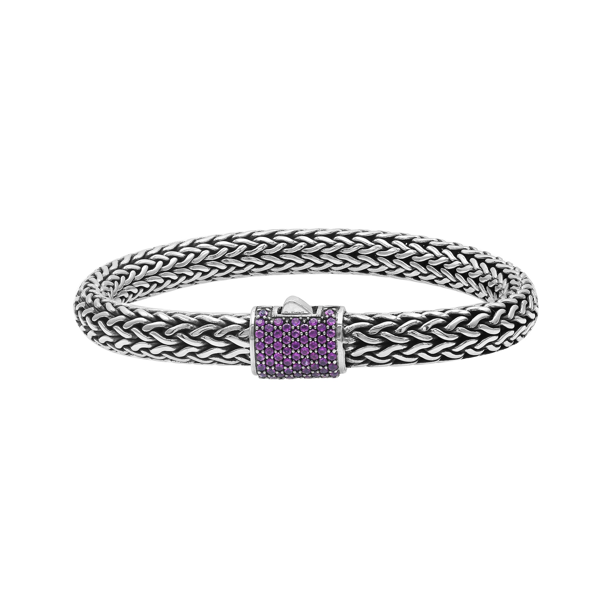 925 sterling silver woven Bali bracelet with Amethyst Quartz stone clasp and oxidized finish.