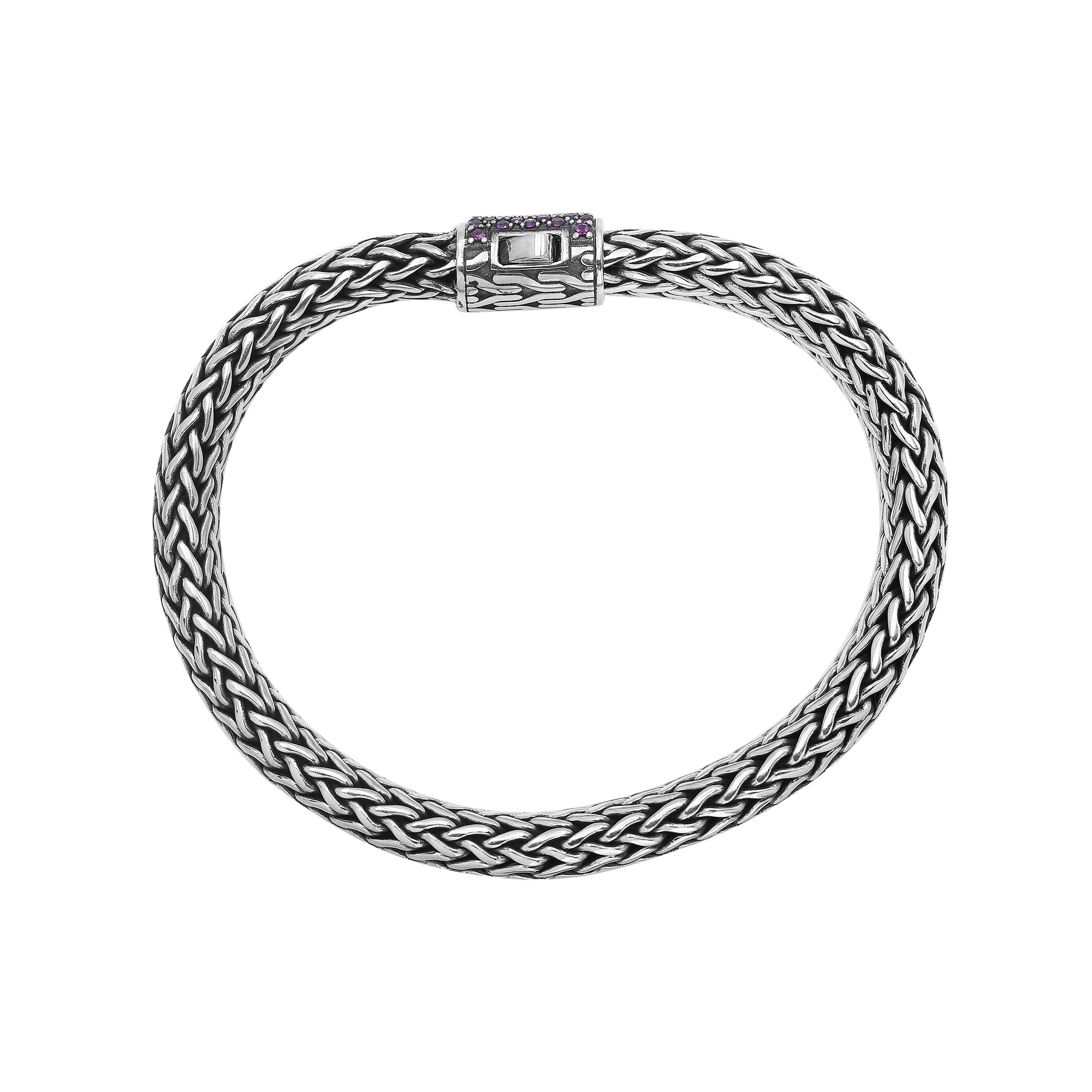925 sterling silver woven Bali bracelet with Amethyst Quartz stone clasp and oxidized finish.