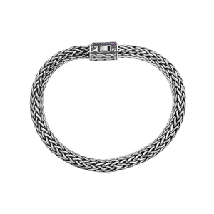 925 sterling silver woven Bali bracelet with Amethyst Quartz stone clasp and oxidized finish.
