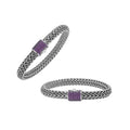925 sterling silver woven Bali bracelet with Amethyst Quartz stone clasp and oxidized finish.