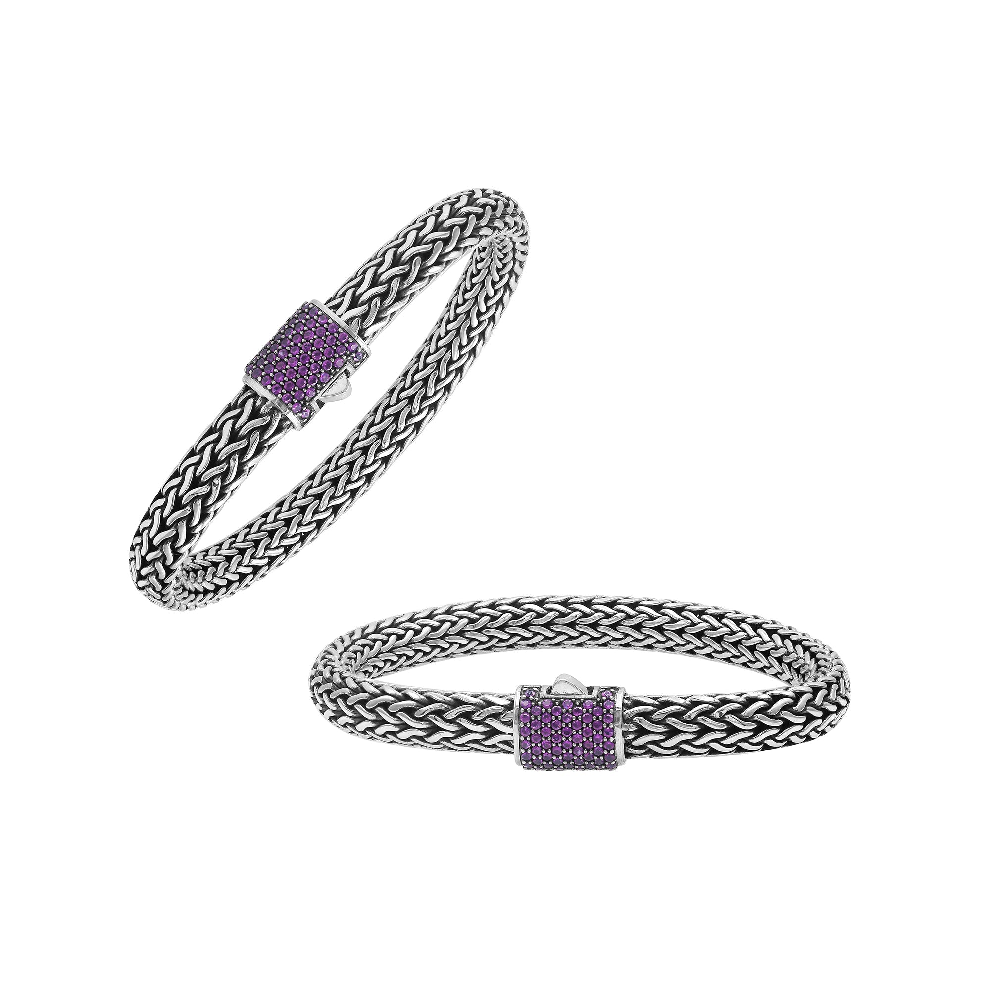 925 sterling silver woven Bali bracelet with Amethyst Quartz stone clasp and oxidized finish.