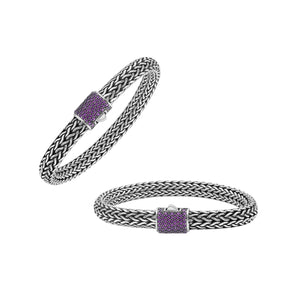 925 sterling silver woven Bali bracelet with Amethyst Quartz stone clasp and oxidized finish.