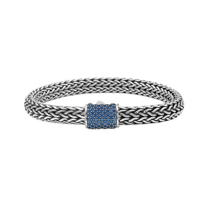 925 sterling silver Bali bracelet with Blue Topaz Quartz clasp and oxidized finish.
