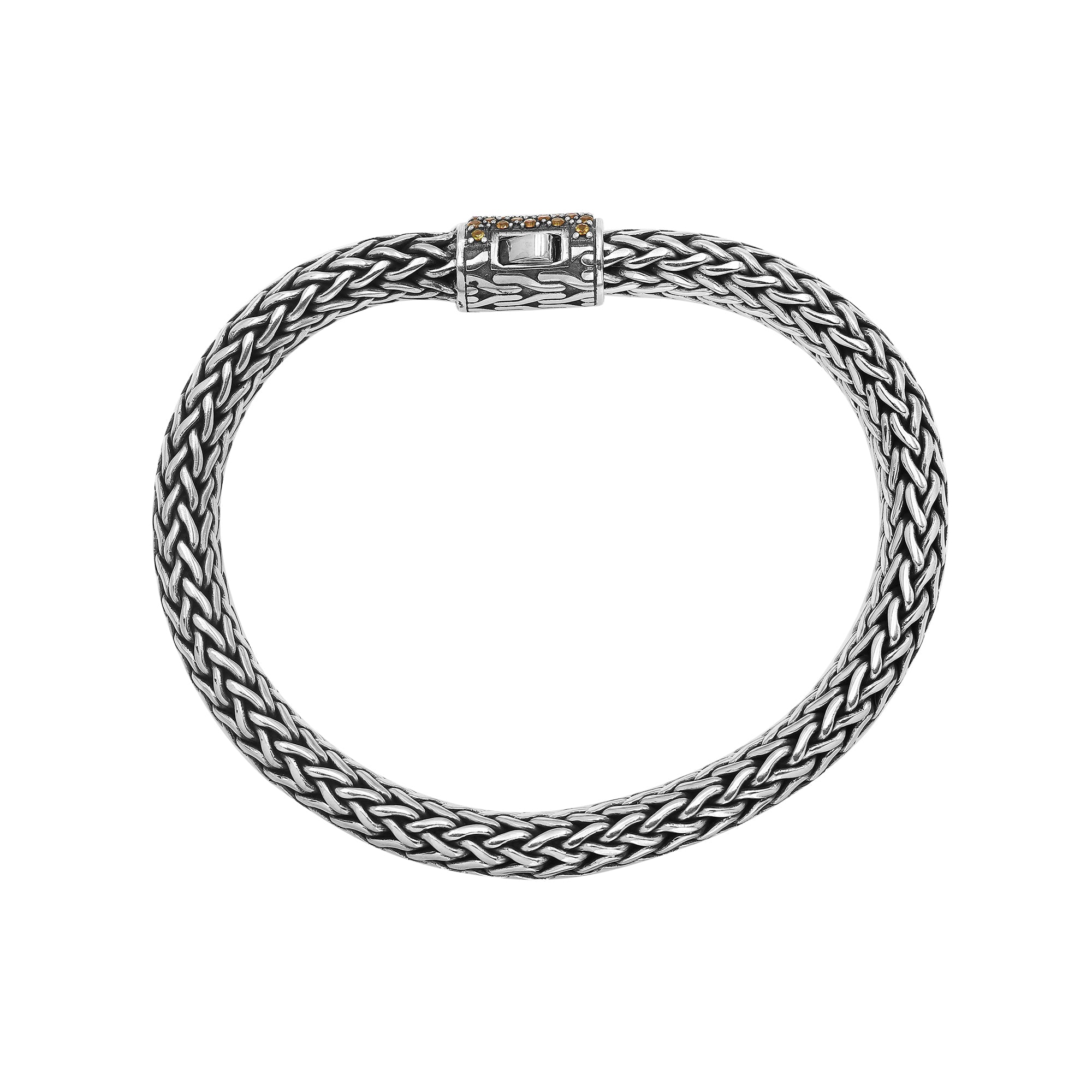 925 sterling silver woven Bali bracelet with Citrine Quartz clasp and oxidized finish.