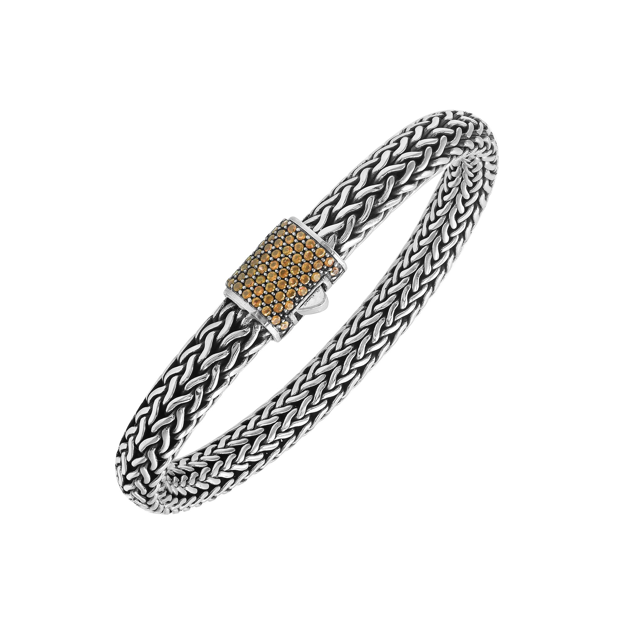 925 sterling silver woven Bali bracelet with Citrine Quartz clasp and oxidized finish.