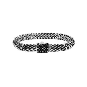 925 sterling silver woven Bali bracelet with Black Cubic Zirconia clasp and oxidized finish.
