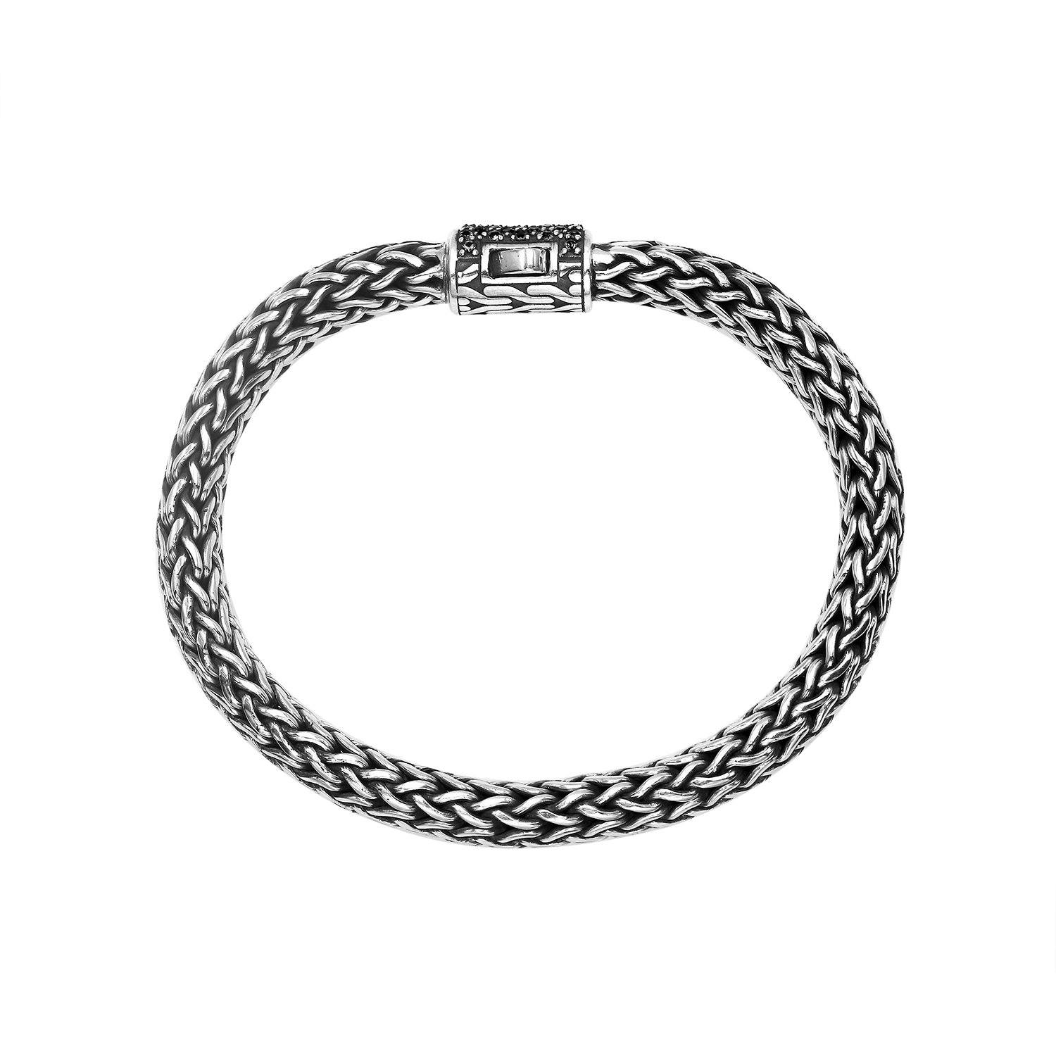 925 sterling silver woven Bali bracelet with Black Cubic Zirconia clasp and oxidized finish.