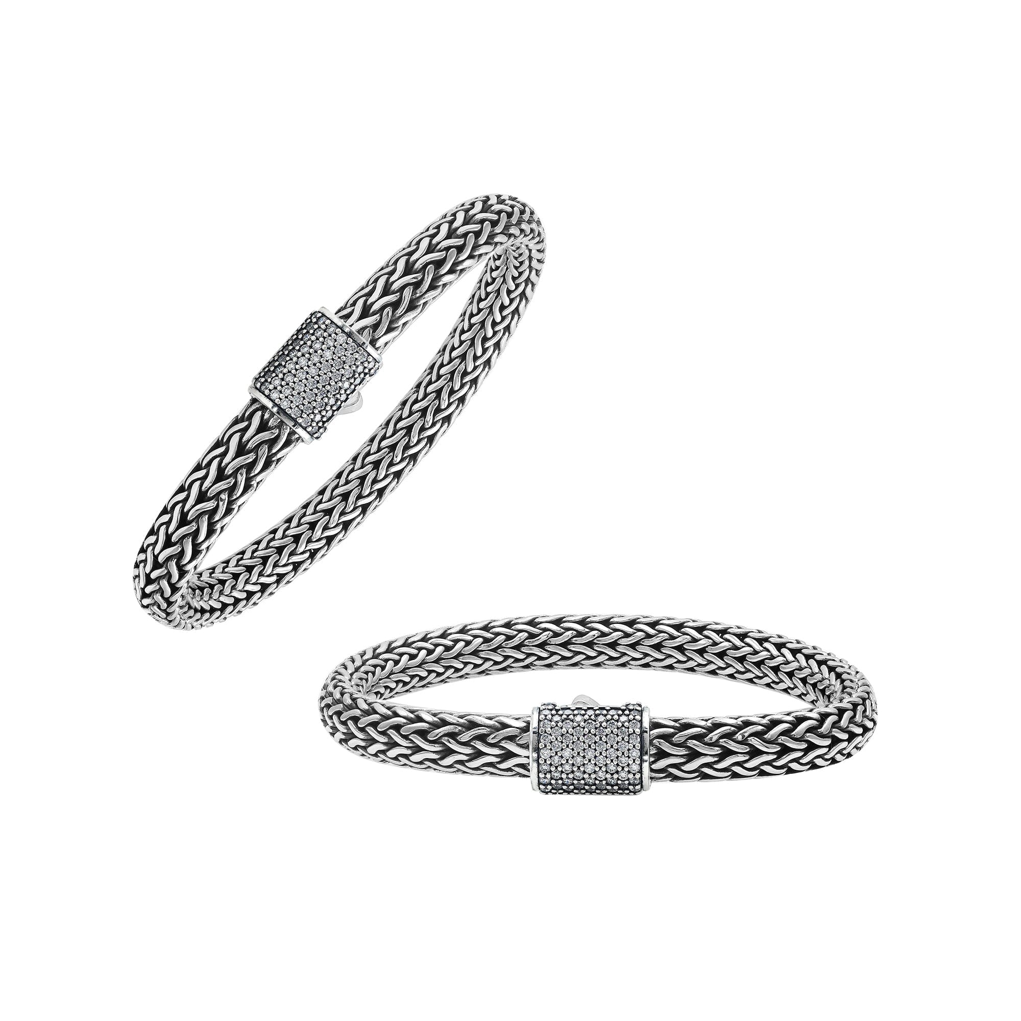 925 sterling silver woven Bali bracelet with White Cubic Zirconia clasp and oxidized finish.