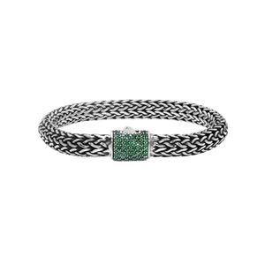 925 sterling silver woven Bali bracelet with Emerald Quartz clasp and oxidized finish.