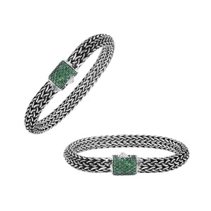 925 sterling silver woven Bali bracelet with Emerald Quartz clasp and oxidized finish.