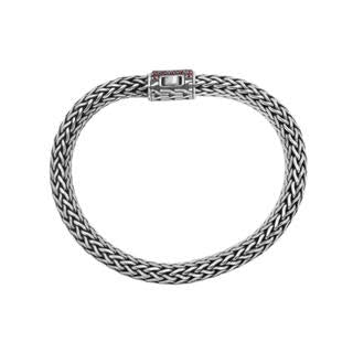 925 sterling silver woven Bali bracelet with Garnet Quartz clasp and oxidized finish.