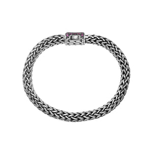 925 sterling silver woven Bali bracelet with Ruby Quartz clasp and oxidized finish.
