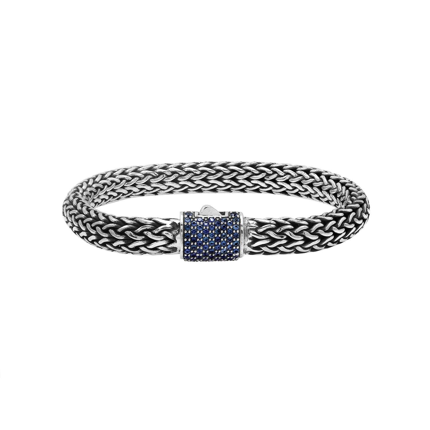 925 sterling silver woven Bali bracelet with Sapphire Quartz clasp and oxidized finish.