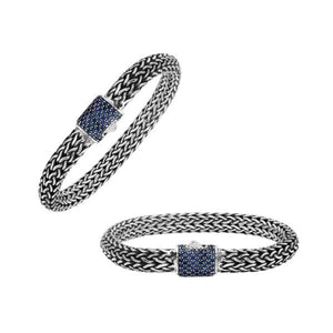 925 sterling silver woven Bali bracelet with Sapphire Quartz clasp and oxidized finish.