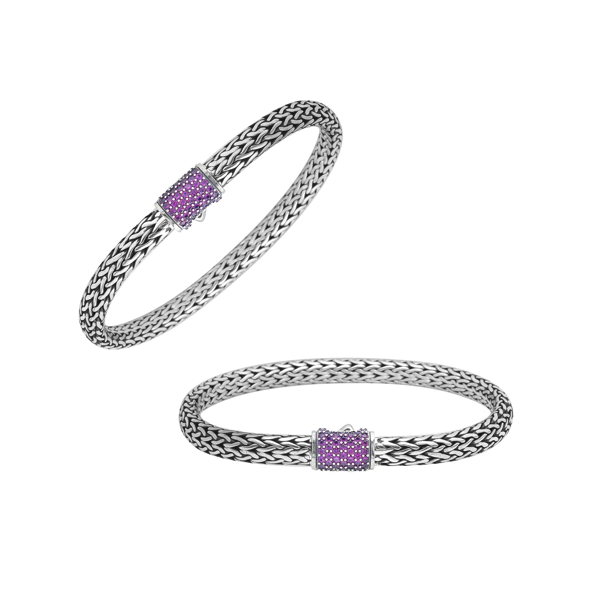 925 sterling silver 4x6 mm woven Bali bracelet with Amethyst Quartz clasp and oxidized finish.