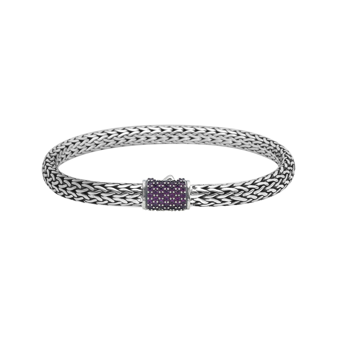 925 sterling silver 4x6 mm woven Bali bracelet with Amethyst Quartz clasp and oxidized finish.