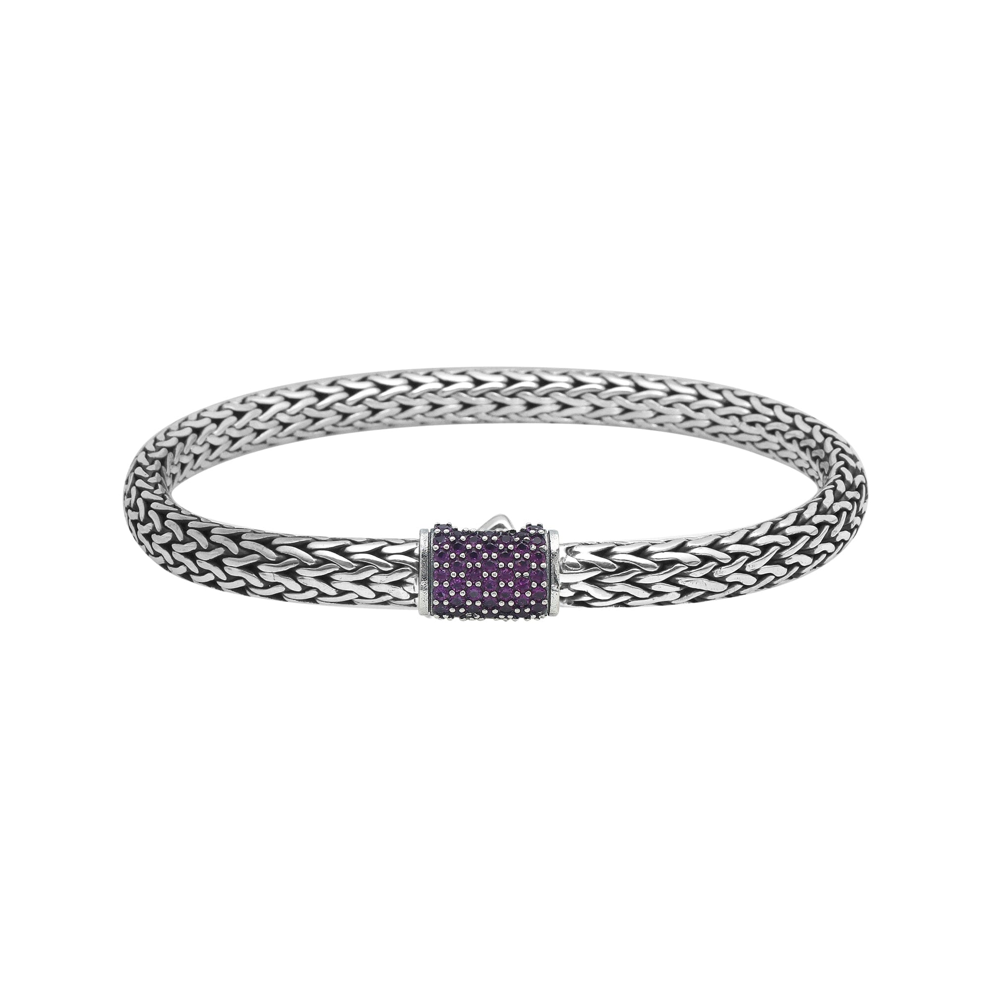 925 sterling silver 4x6 mm woven Bali bracelet with Amethyst Quartz clasp and oxidized finish.
