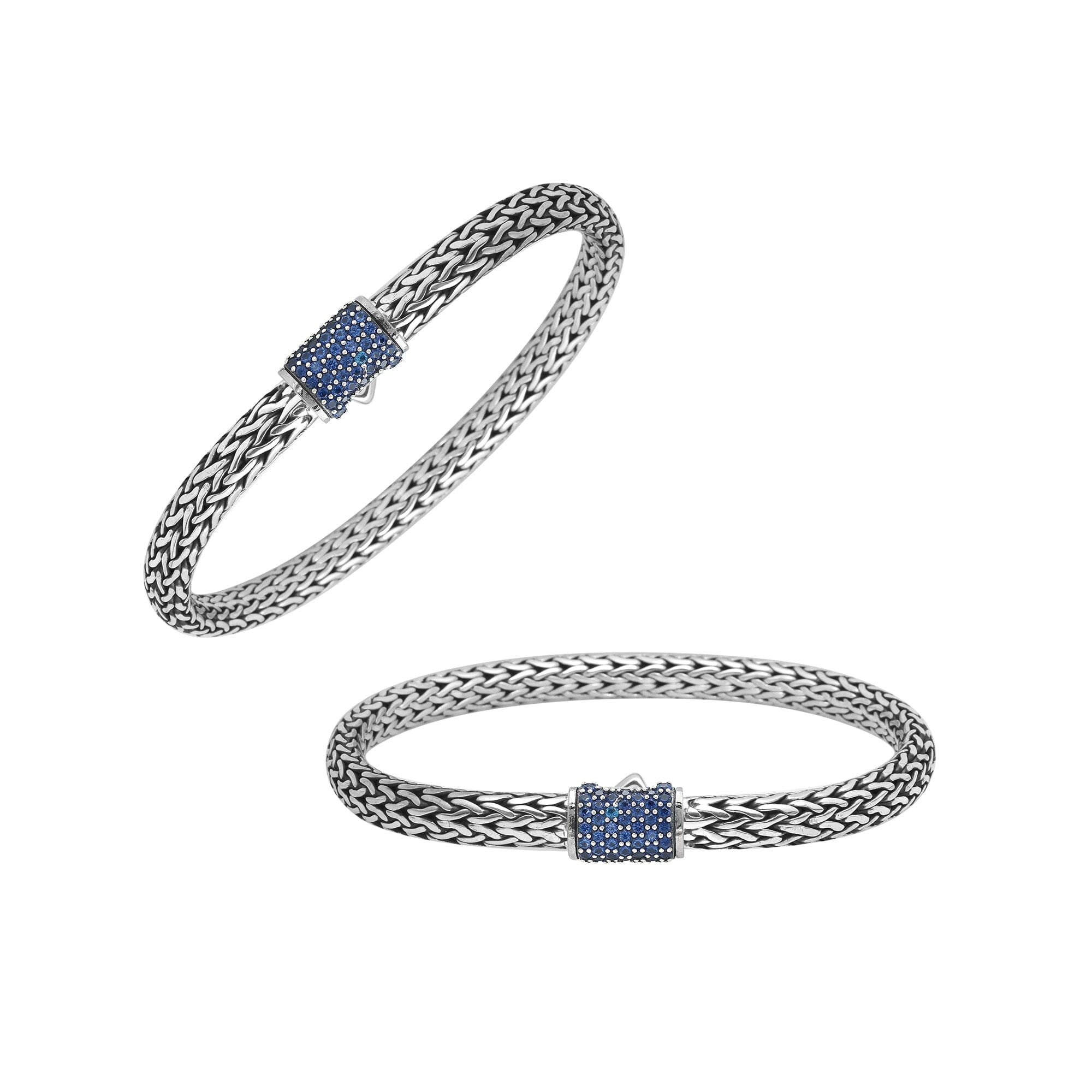 925 sterling silver 4x6 mm woven Bali bracelet with Blue Topaz Quartz clasp and oxidized finish.