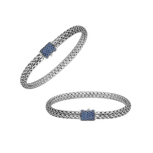925 sterling silver 4x6 mm woven Bali bracelet with Blue Topaz Quartz clasp and oxidized finish.