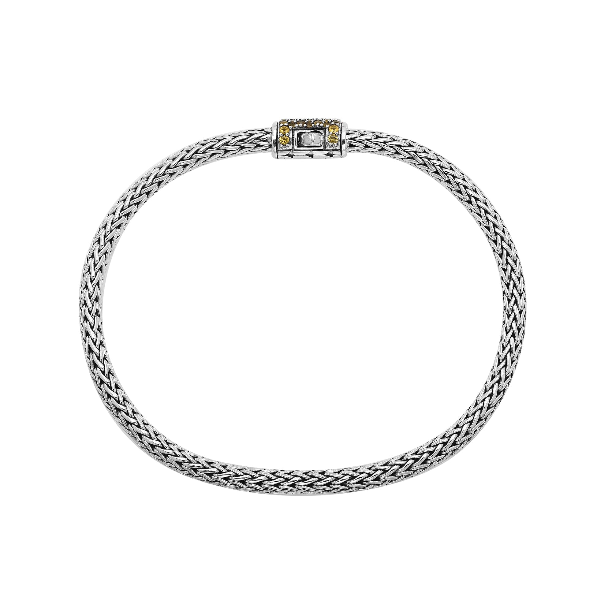 Handwoven 925 sterling silver 4x6 mm Bali bracelet with Citrine Quartz clasp and oxidized finish.