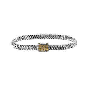 Handwoven 925 sterling silver 4x6 mm Bali bracelet with Citrine Quartz clasp and oxidized finish.