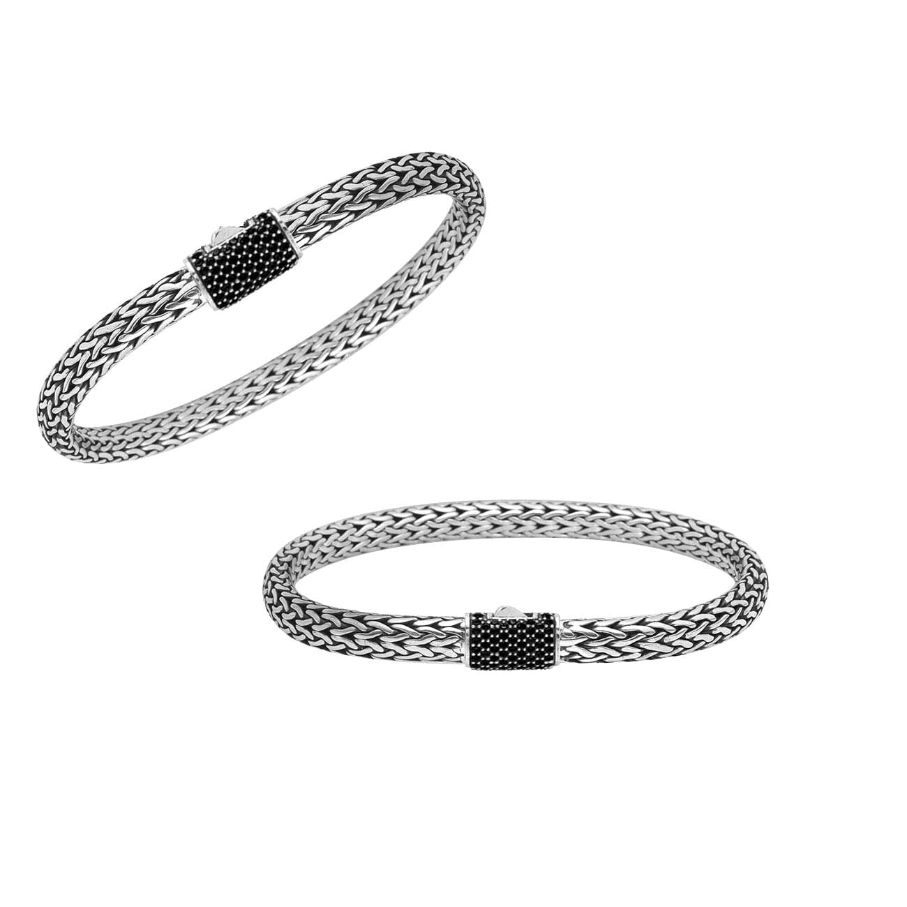 Handwoven 925 sterling silver 4x6 mm Bali bracelet with Black Cubic Zirconia clasp and oxidized finish.