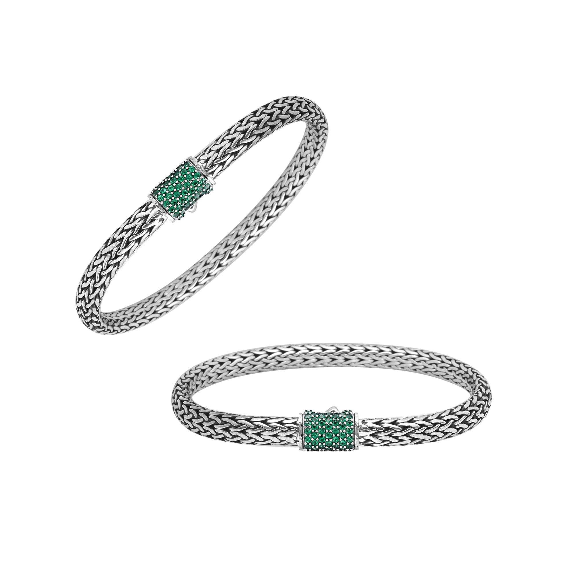 Handwoven 925 sterling silver 4x6 mm Bali bracelet with Emerald Quartz clasp and oxidized finish.