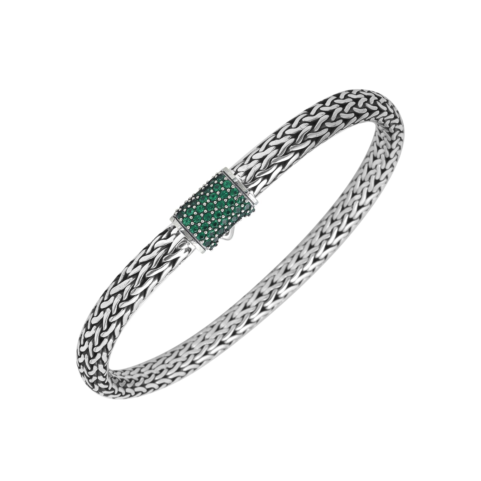 Handwoven 925 sterling silver 4x6 mm Bali bracelet with Emerald Quartz clasp and oxidized finish.