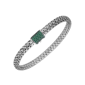 Handwoven 925 sterling silver 4x6 mm Bali bracelet with Emerald Quartz clasp and oxidized finish.