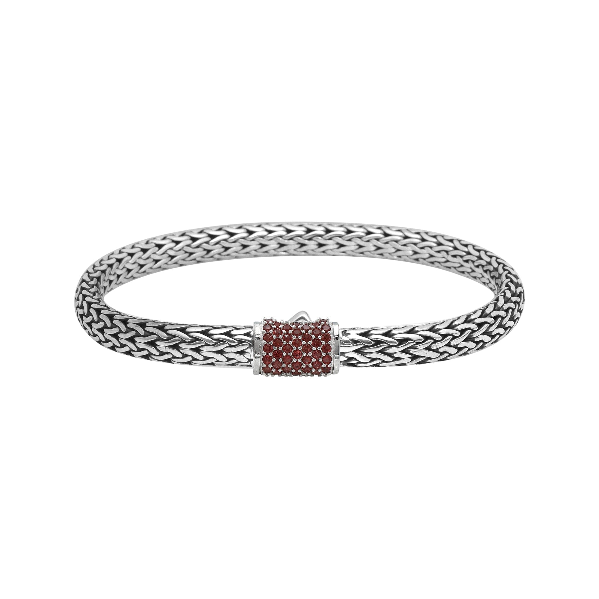 Handwoven 925 sterling silver 4x6 mm Bali bracelet with Garnet Quartz clasp and oxidized finish.