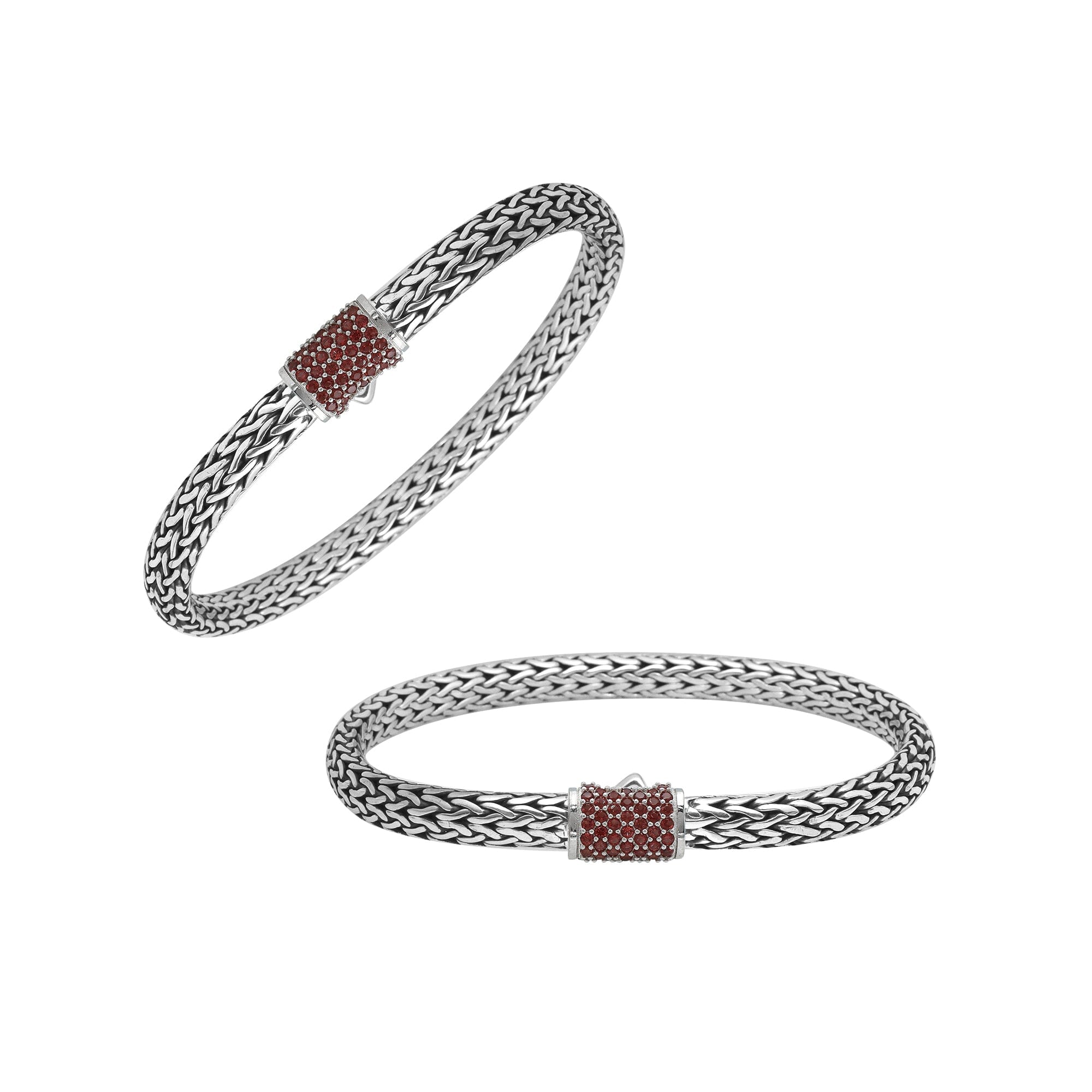 Handwoven 925 sterling silver 4x6 mm Bali bracelet with Garnet Quartz clasp and oxidized finish.