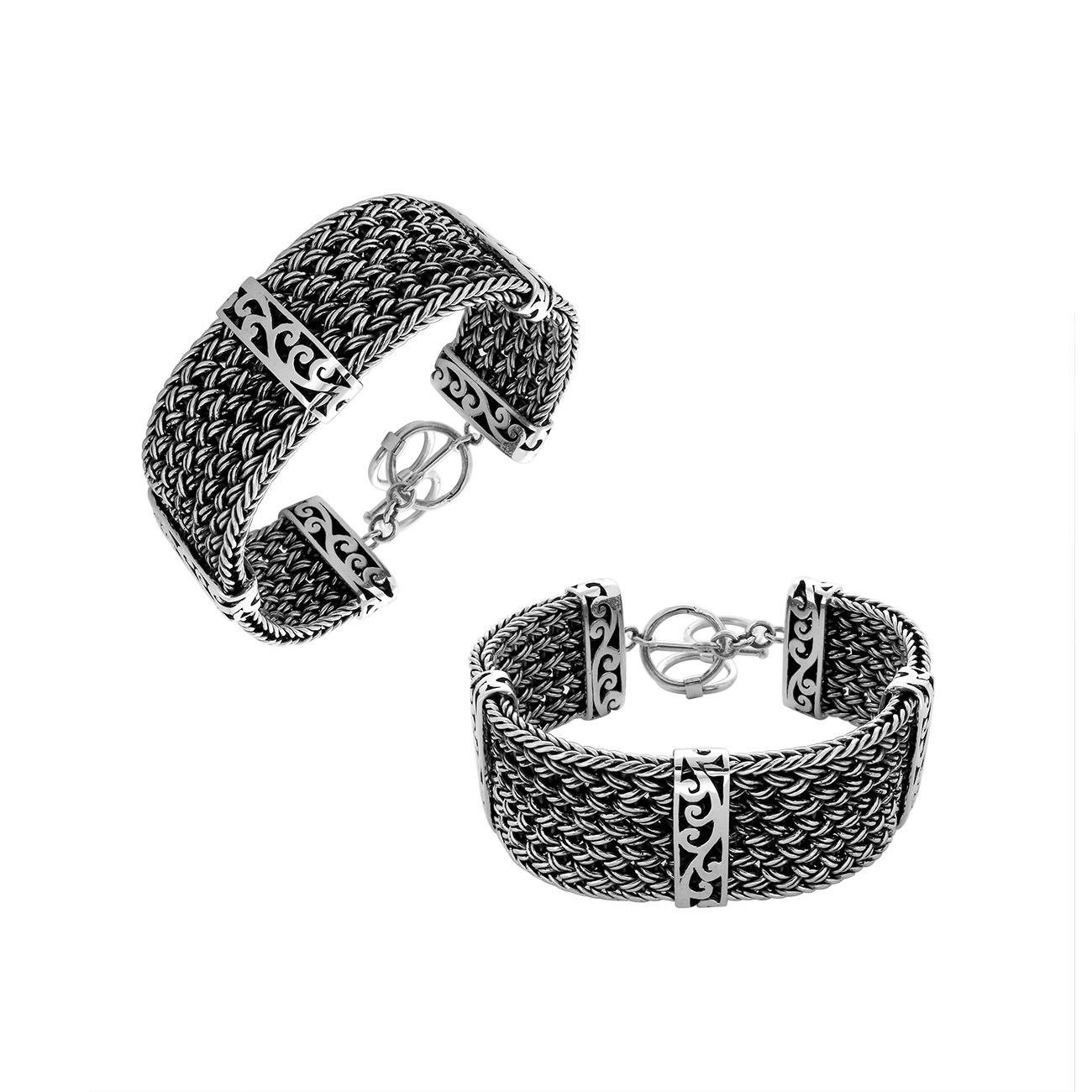 Sterling silver wide braided chain bracelet with scroll detailing for wholesale