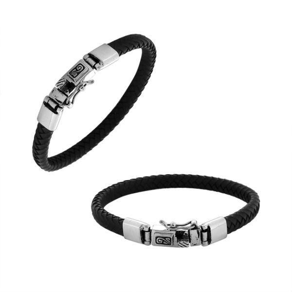 AB-1128-LT-BLK-7.5" Sterling Silver Bracelet With Black Leather Jewelry Bali Designs Inc 