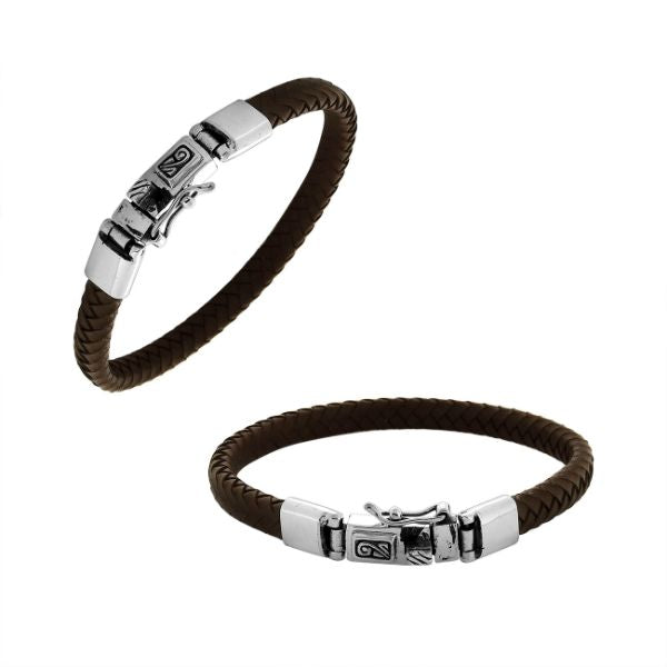 AB-1128-LT-BRW-7.5" Sterling Silver Bracelet With Brown Leather Jewelry Bali Designs Inc 