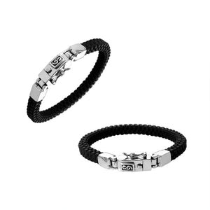 Sterling silver bracelet with black braided leather and box clasp for wholesale