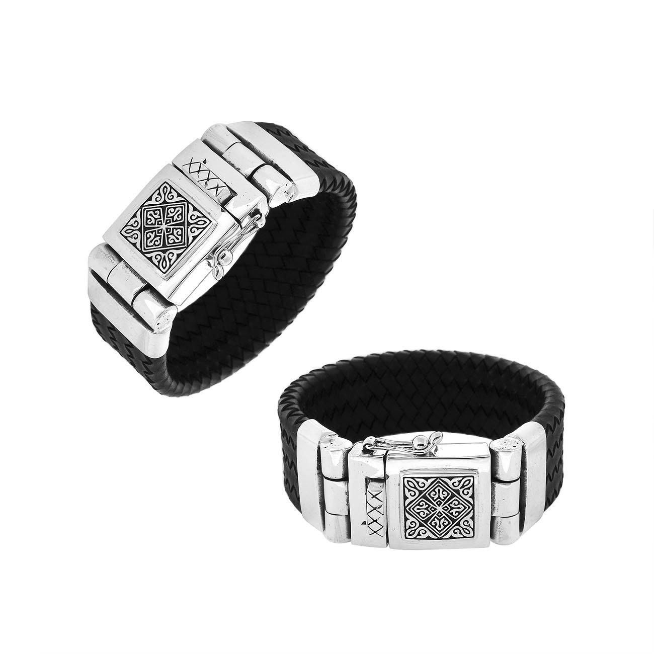 Sterling silver bracelet with black braided leather and engraved box clasp for wholesale