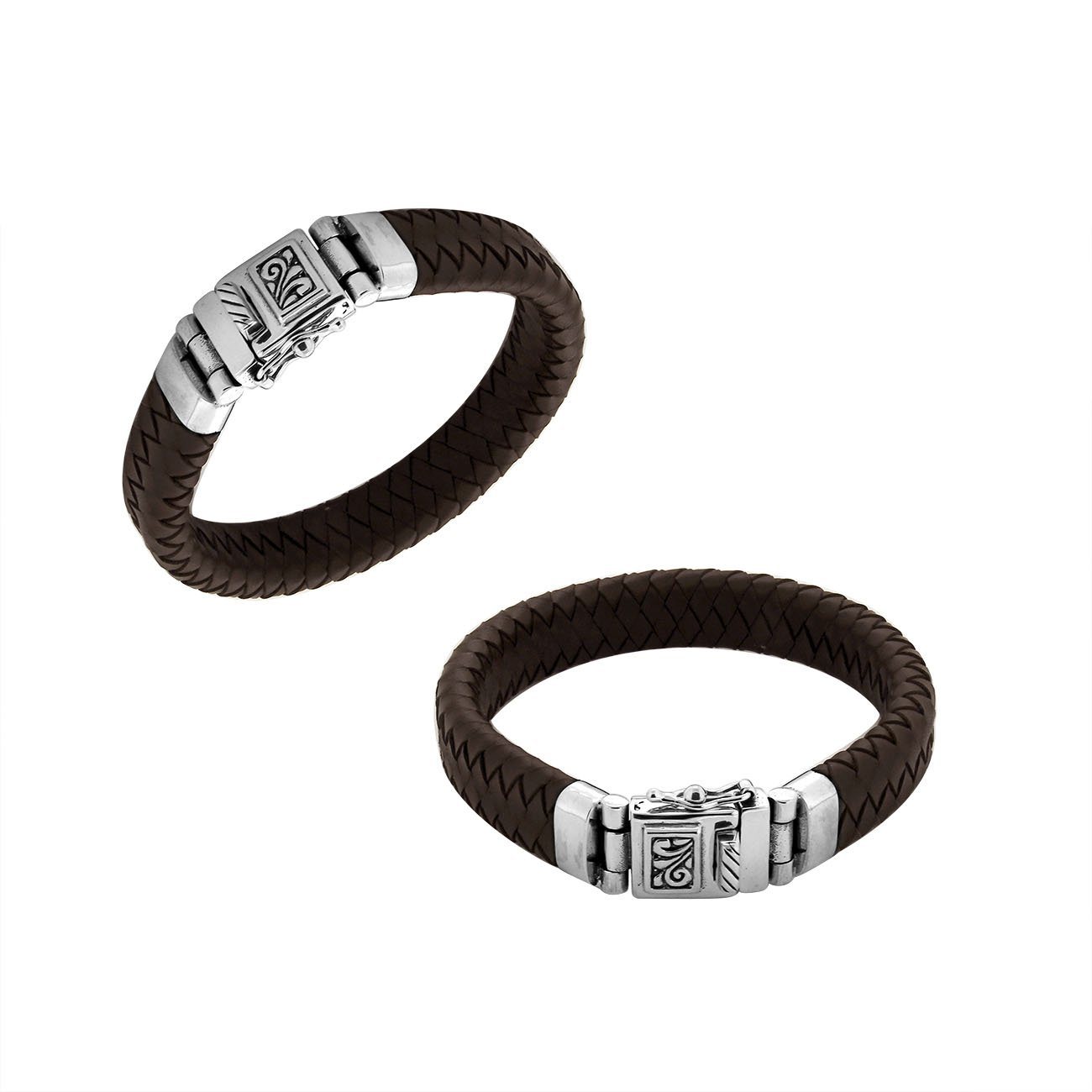 Sterling silver bracelet with brown braided leather and carved box clasp for wholesale